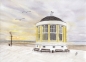 Preview: Postkarte DIN-A6 Aquarell Maritim Kunst Druck Kunstdruck Nordsee Pavillon Musikpavillon Insel Borkum Meer Strand